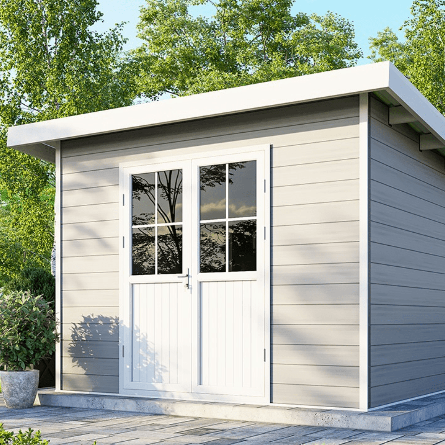 Abri de jardin composite SINTRA – 9 m2 gris clair – Prix usine – DESTOCKAGE - Image 1